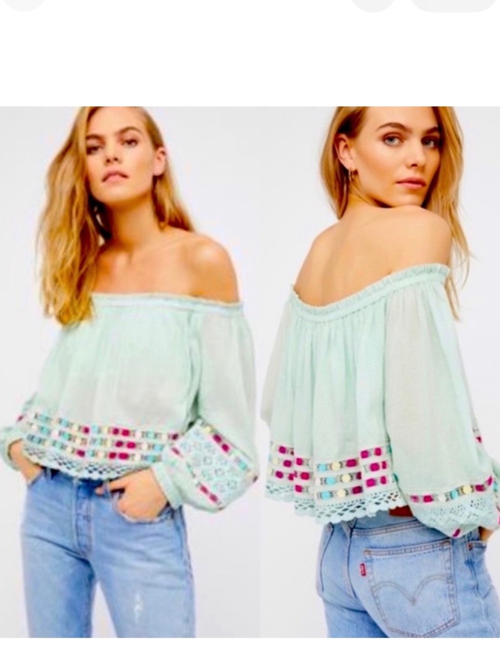 Free People Wander The Unknown Mint Green Off-Shoulder Embroidered Top size Med